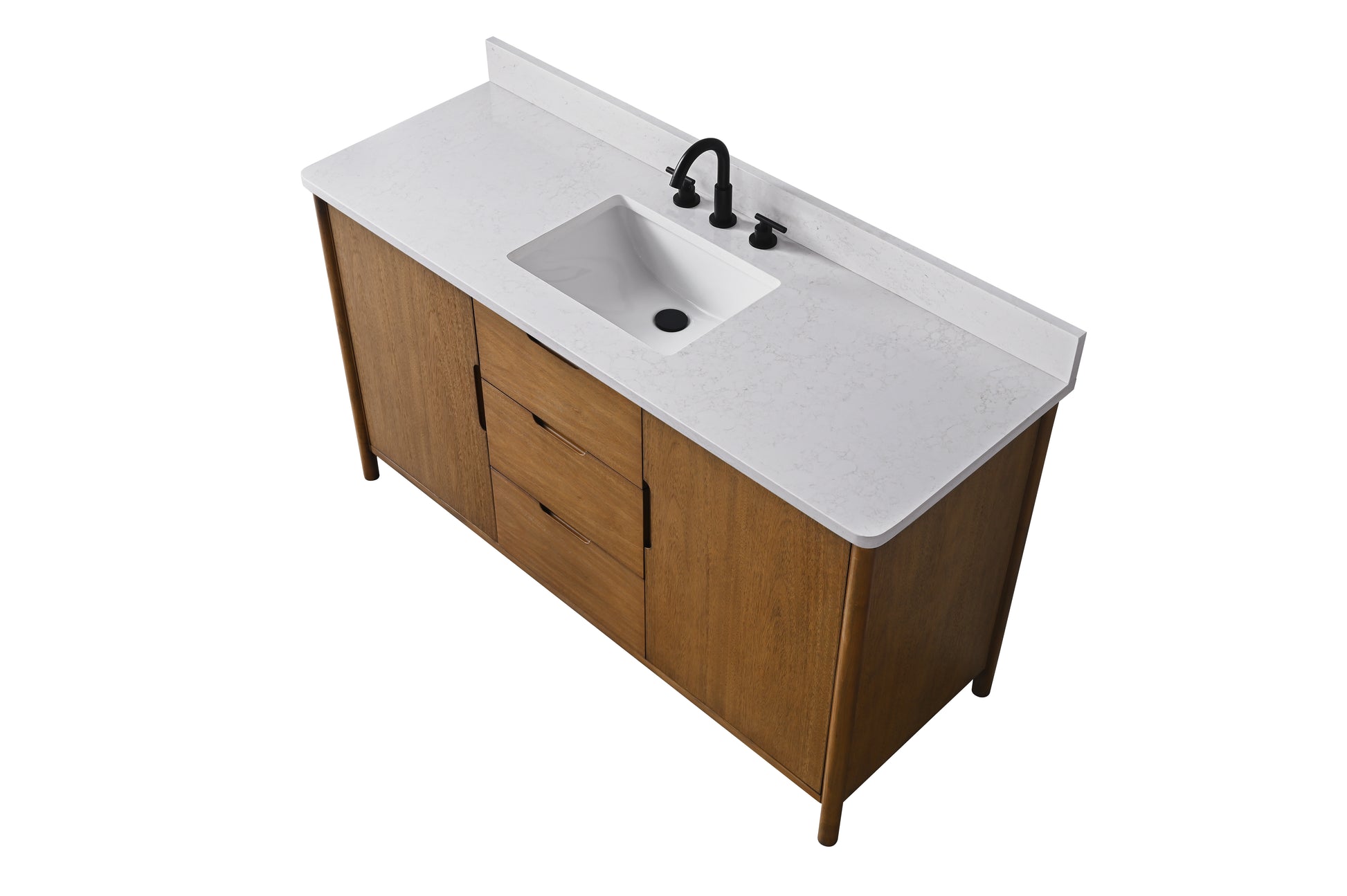 Angled overhead view of 60-inch walnut vanity right side with open drawers and white quartz top