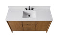 Top-down view of 60-inch walnut vanity with white engineered stone top and undermount sink, black faucet