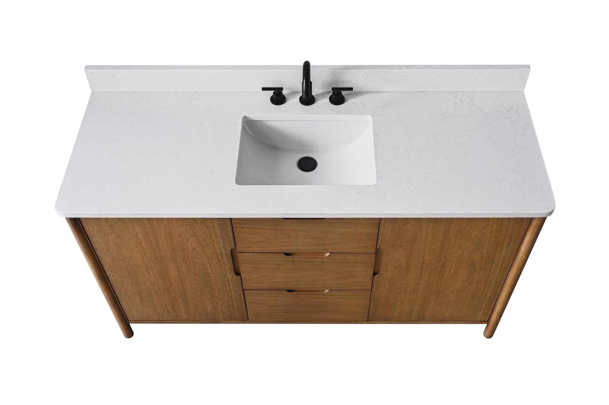Top-down view of 60-inch walnut vanity with white engineered stone top and undermount sink, black faucet