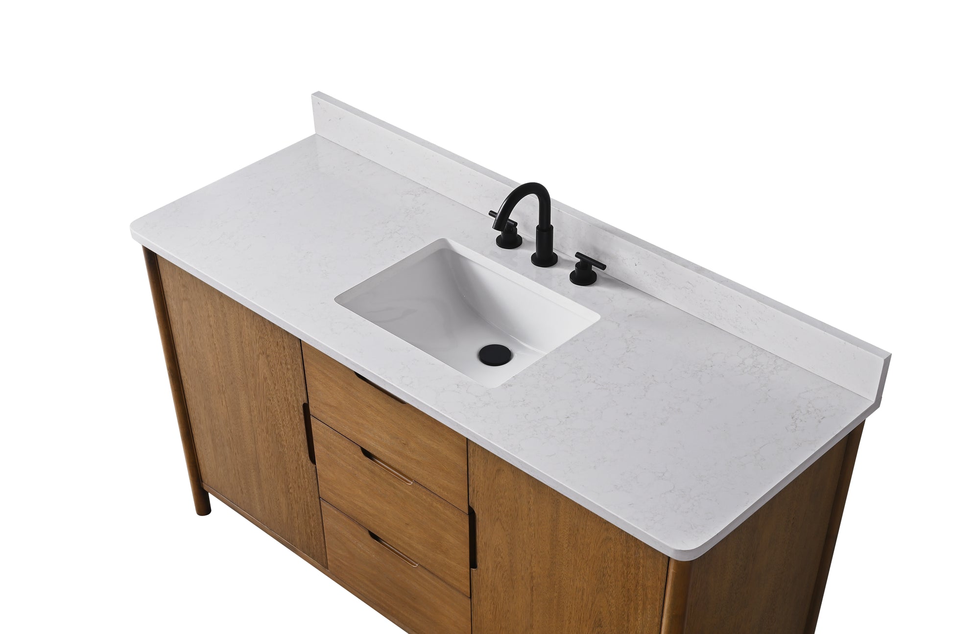 Angled top view of 60-inch walnut vanity with white quartz countertop, undermount sink, black faucet