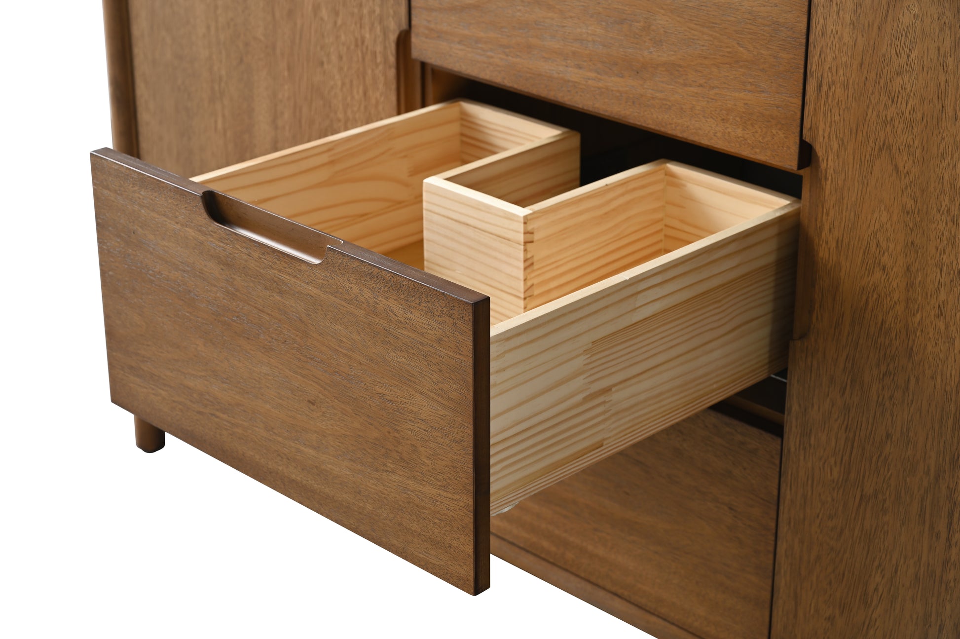 Close-up of open vanity drawer with divided wood organizer inserts in walnut finish cabinet