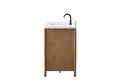 Side profile view of 60-inch walnut bathroom vanity with white quartz top and black faucet