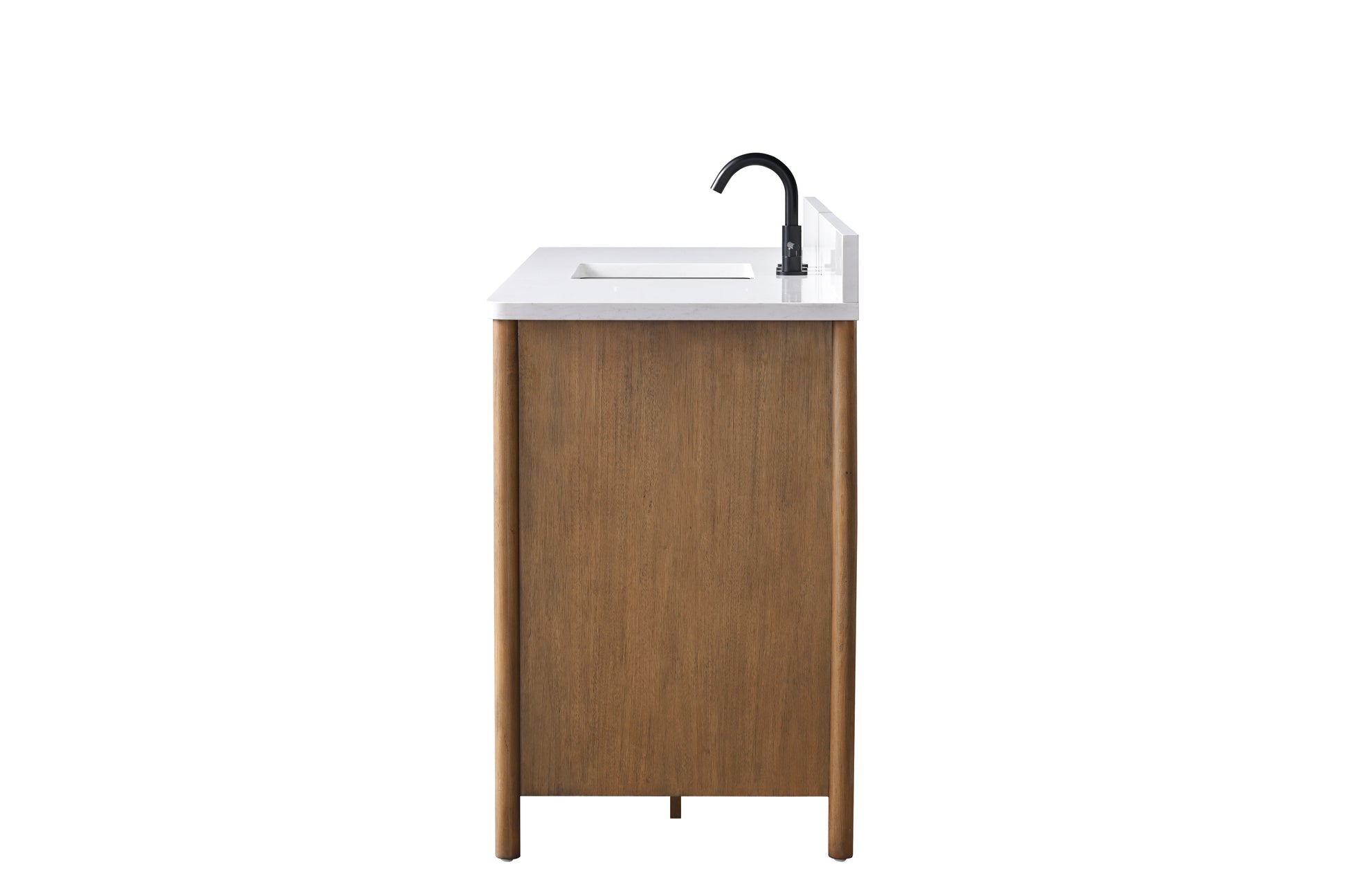 Side profile view of 60-inch walnut bathroom vanity with white quartz top and black faucet