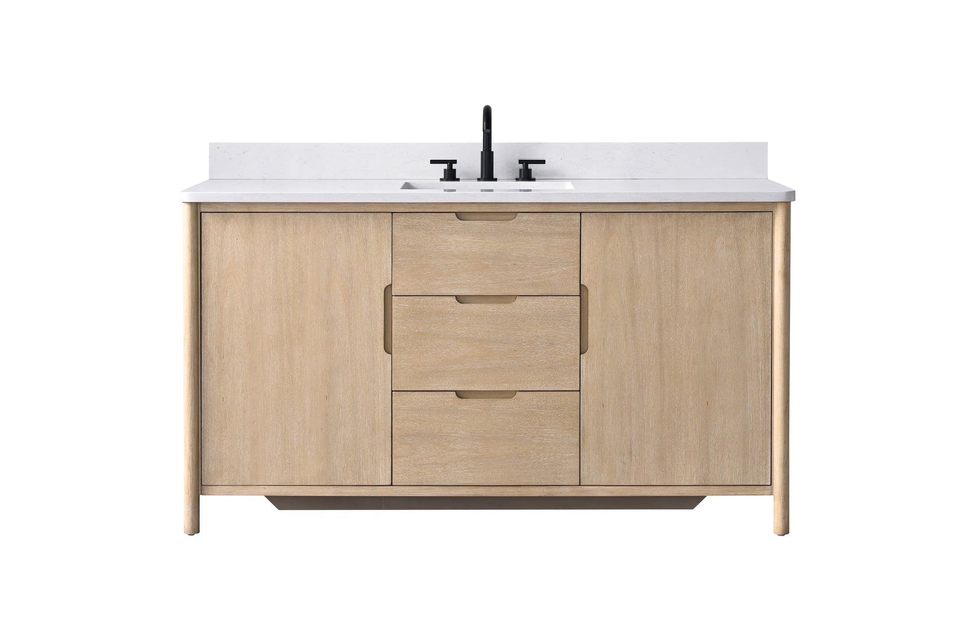 VanityArt 60-inch light oak single sink bathroom vanity with white engineered stone top, front view
