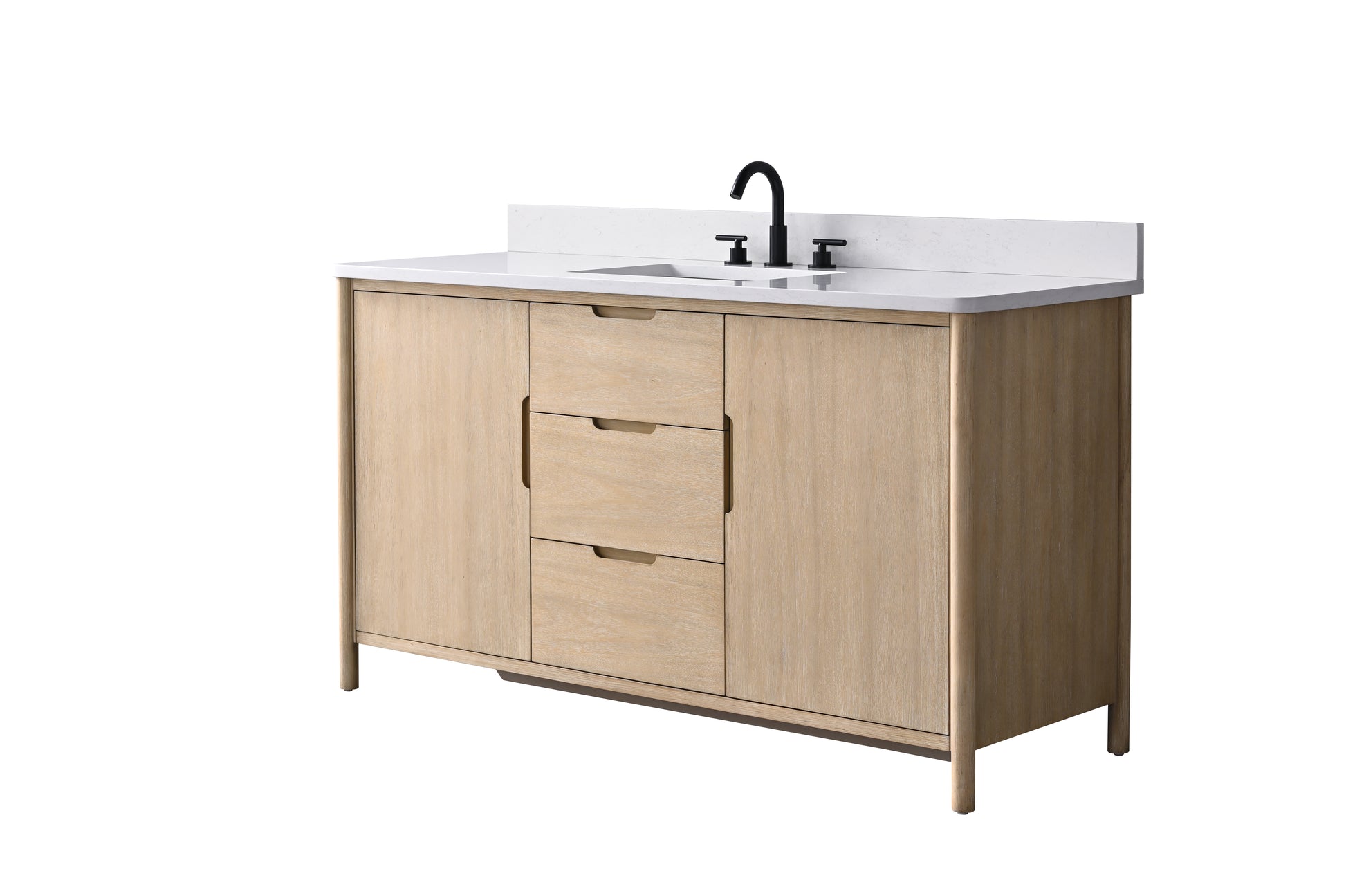 VanityArt 60-inch light oak bathroom vanity with white stone top and matte black fixtures, angled view