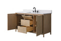 VanityArt 60-inch bathroom vanity with open doors revealing pull-out drawers and shelving, angled view