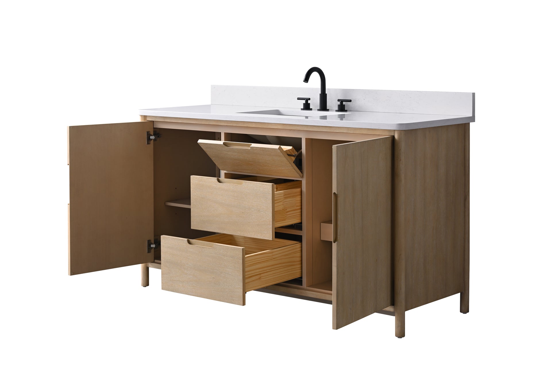 VanityArt 60-inch bathroom vanity with open doors revealing pull-out drawers and shelving, angled view