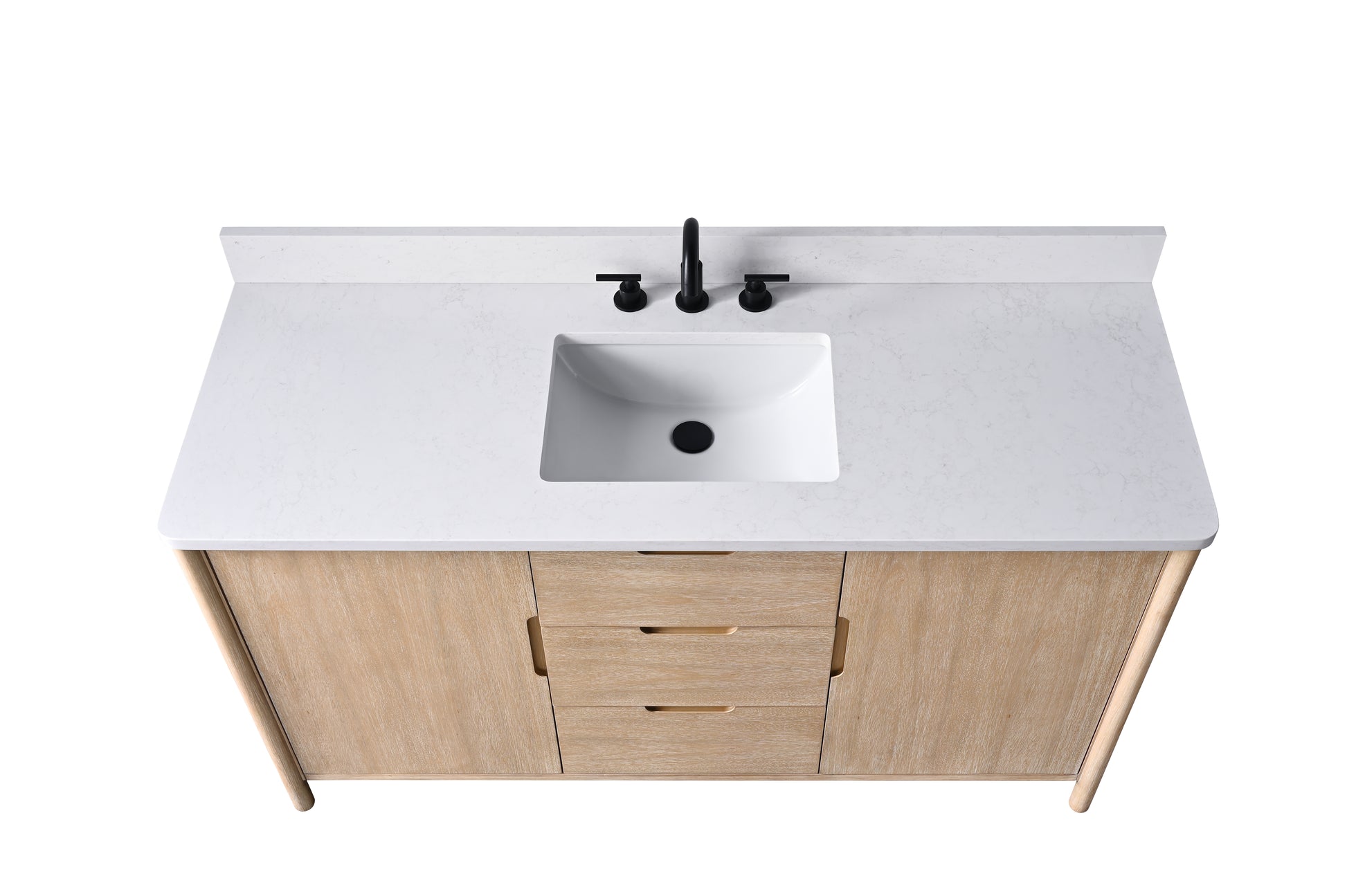 Top view of 60-inch bathroom vanity with white engineered stone countertop undermount sink and matte black 3-hole faucet