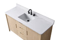 Angled top view of 60-inch oak vanity white stone top undermount rectangular sink and matte black widespread faucet