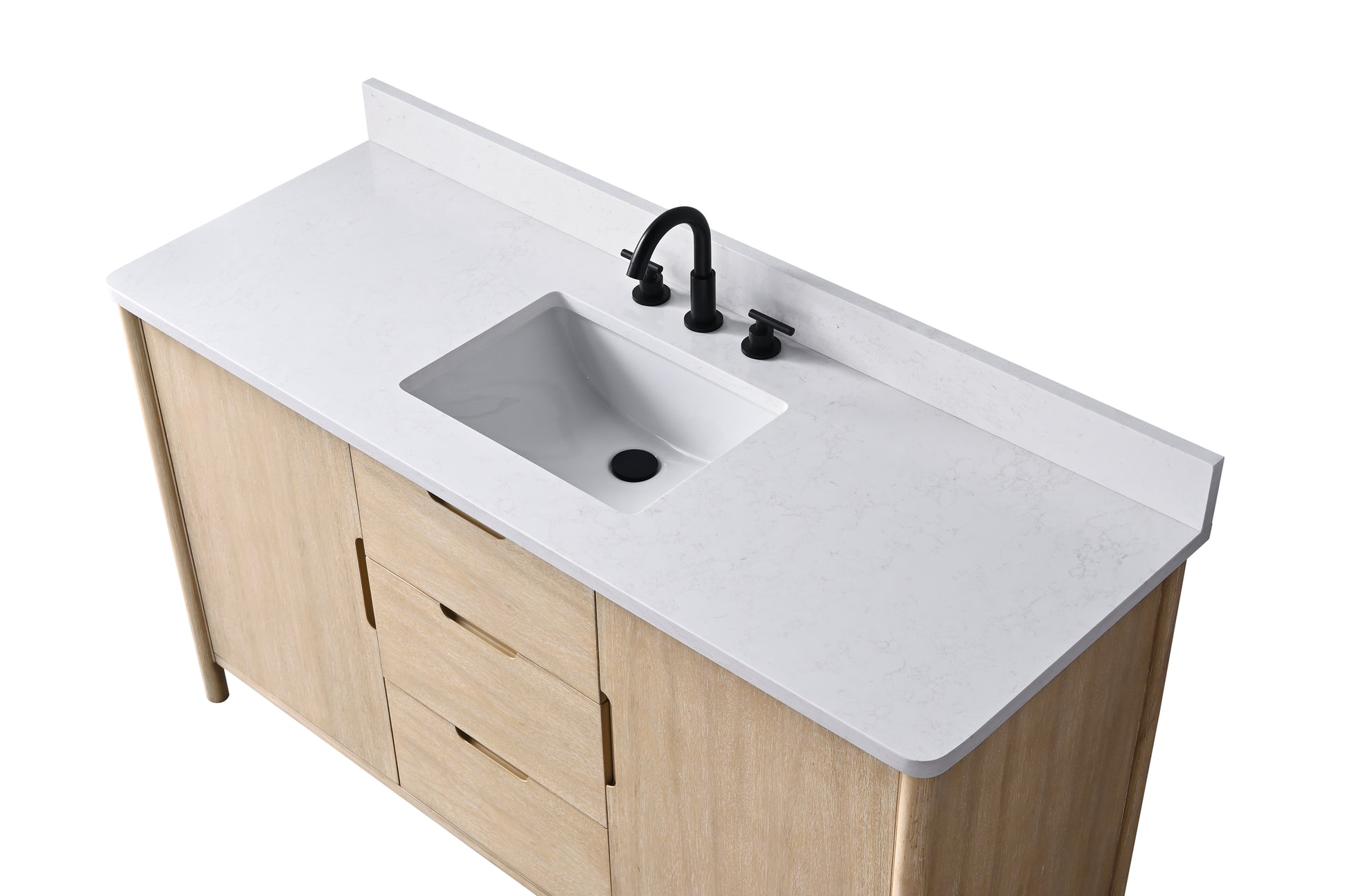 Angled top view of 60-inch oak vanity white stone top undermount rectangular sink and matte black widespread faucet