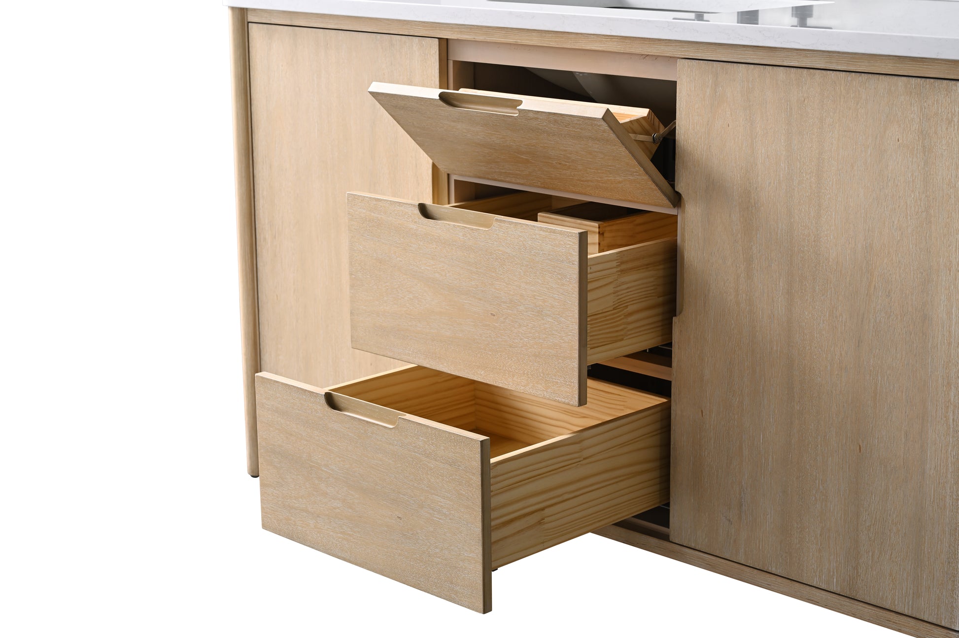 Open vanity drawer section showing tilt-out top drawer and two pull-out wood drawers with dovetail construction