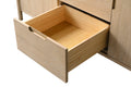 Single open wood drawer on 60-inch oak bathroom vanity showing natural birch interior and finger-pull detail