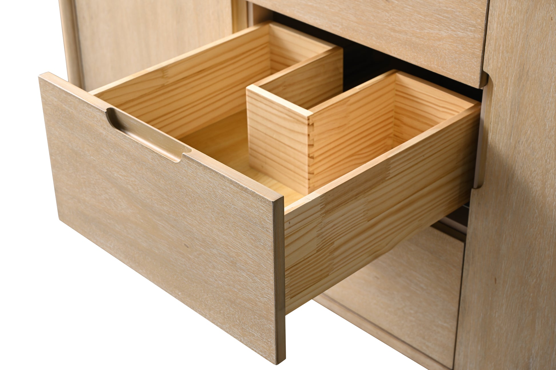 Open vanity drawer with built-in wood divider organizer insert for bathroom storage