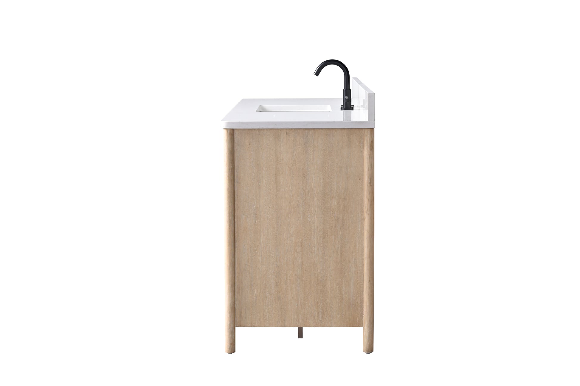 VanityArt 60-inch light oak bathroom vanity with white stone top and matte black faucet, side profile view