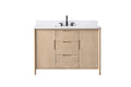 Front view of 48-inch light oak bathroom vanity with white quartz top, center drawers, two doors, and matte black faucet