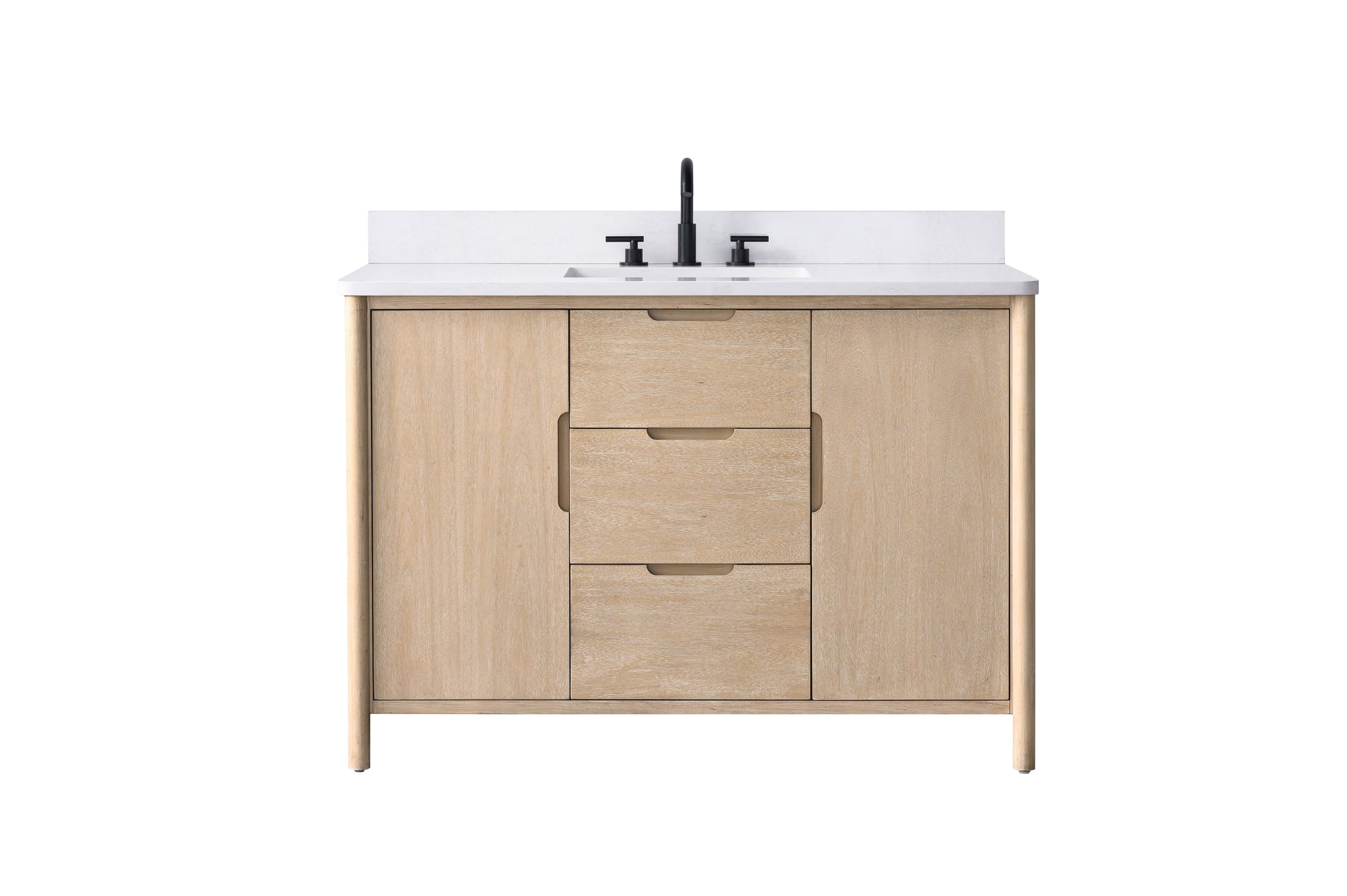 Front view of 48-inch light oak bathroom vanity with white quartz top, center drawers, two doors, and matte black faucet