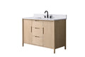 48-inch light oak bathroom vanity angled right view with white stone countertop, center drawers, and two cabinet doors
