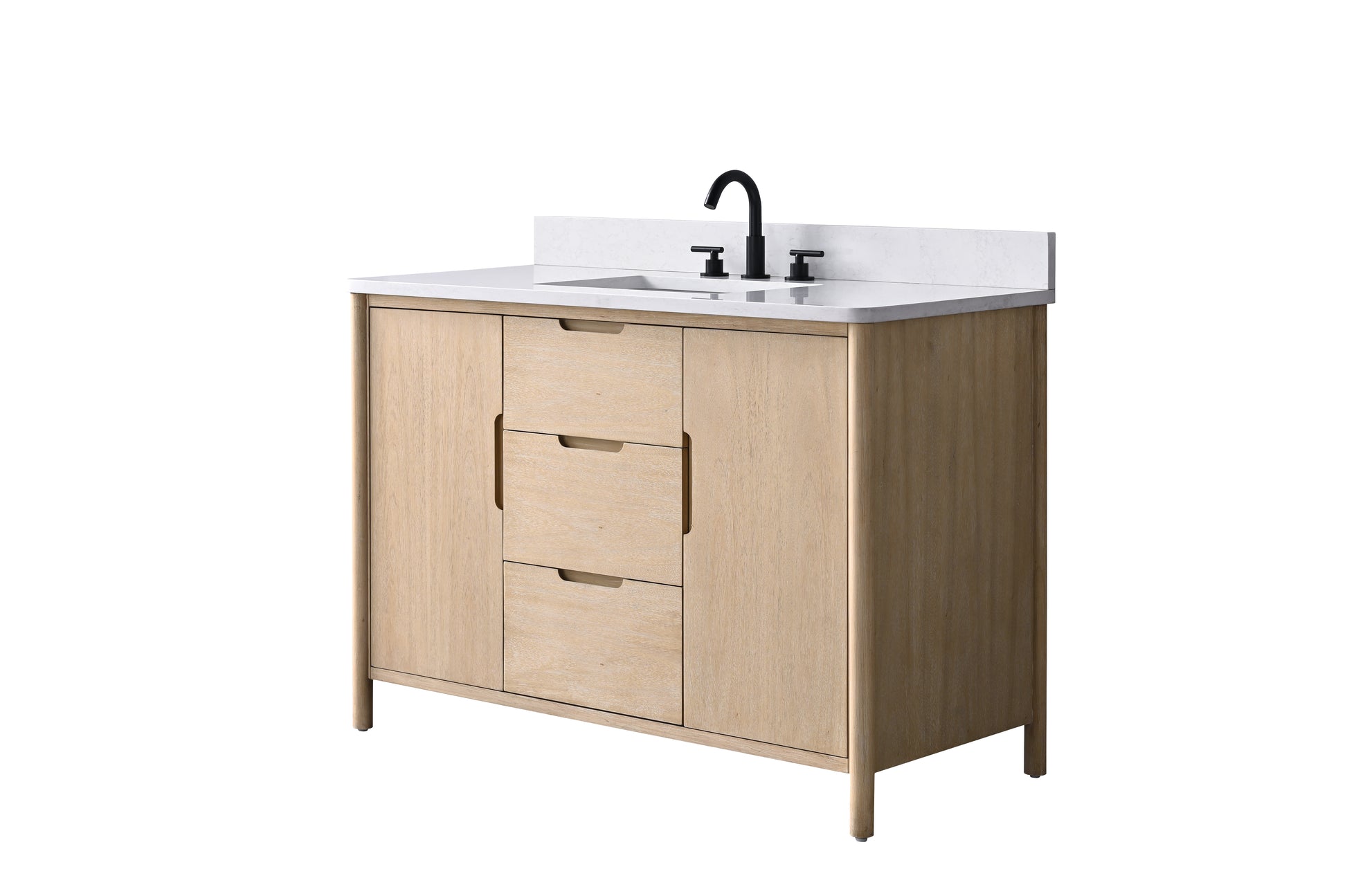 48-inch light oak bathroom vanity angled right view with white stone countertop, center drawers, and two cabinet doors