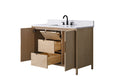 Angled view of 48-inch oak vanity with both cabinet doors open showing tilt-out and pull-out interior drawers