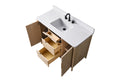 Overhead angle of 48-inch oak vanity with doors and drawers open, white engineered stone top with undermount sink