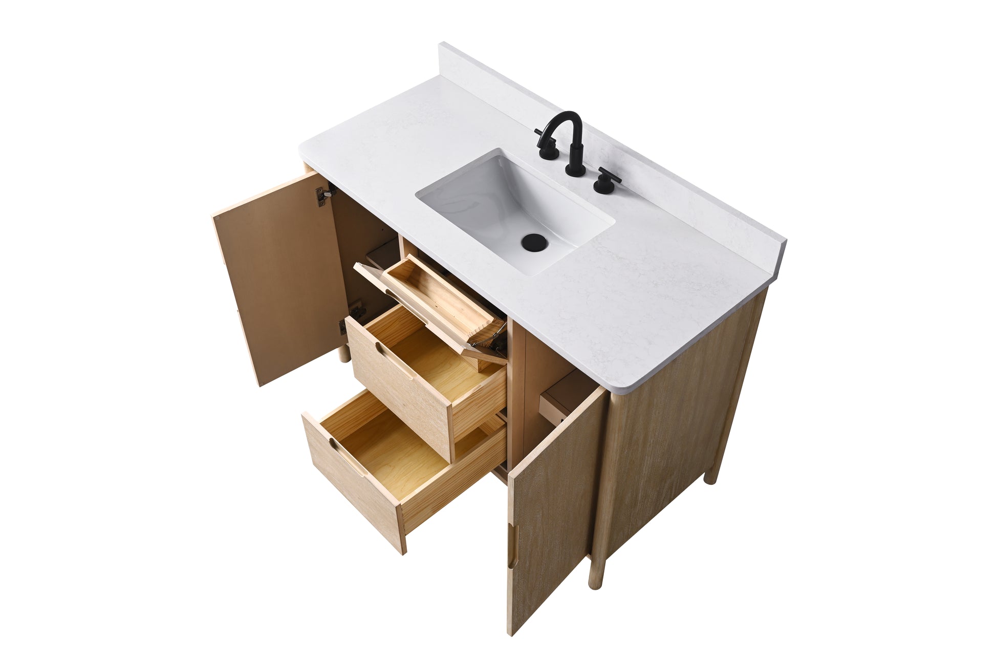 Overhead angle of 48-inch oak vanity with doors and drawers open, white engineered stone top with undermount sink