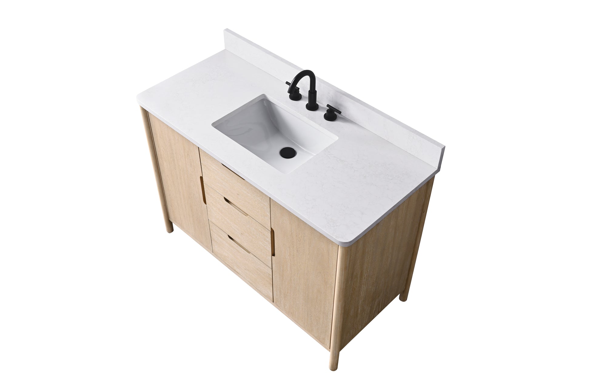 Top-angle view of 48-inch light oak vanity with white engineered stone top, undermount sink offset right, black faucet