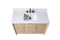 Overhead front view of 48-inch oak bathroom vanity with white stone top, center drawers, and undermount rectangular sink