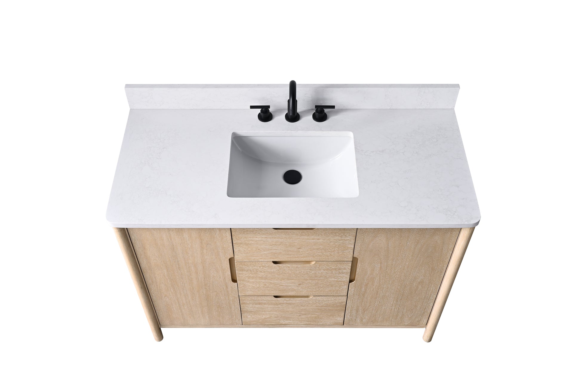 Overhead front view of 48-inch oak bathroom vanity with white stone top, center drawers, and undermount rectangular sink