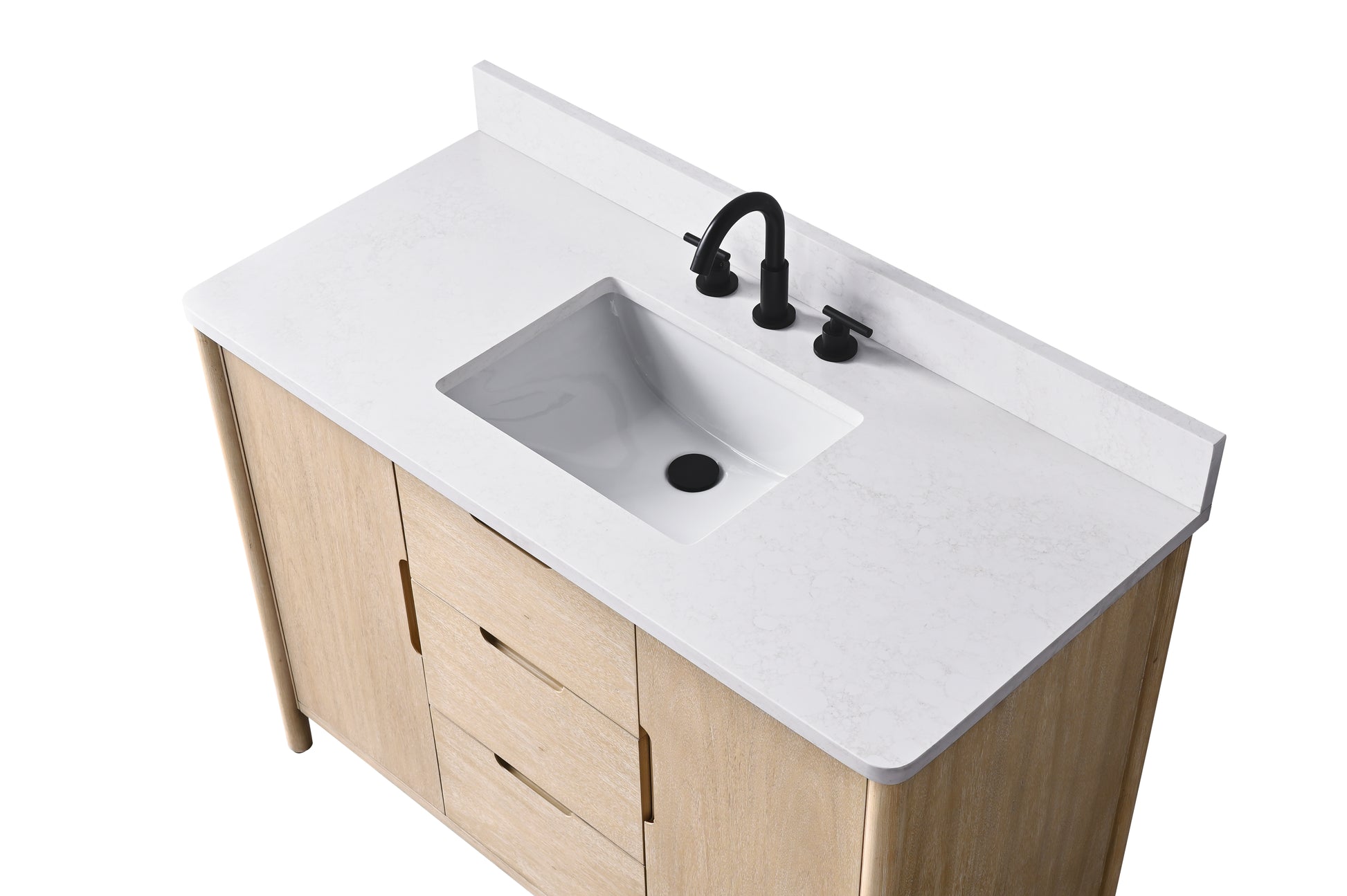 Top-down view of 48-inch oak vanity with sink offset left, white quartz countertop, and black 8-inch widespread faucet