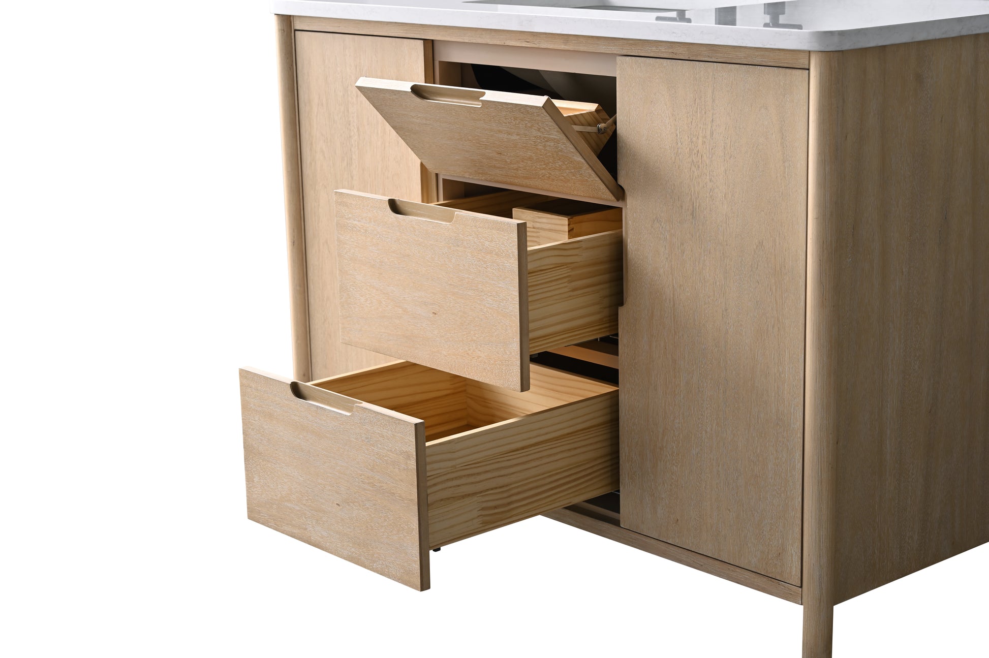 Close-up of three open dovetail wood drawers on 48-inch oak bathroom vanity showing interior construction