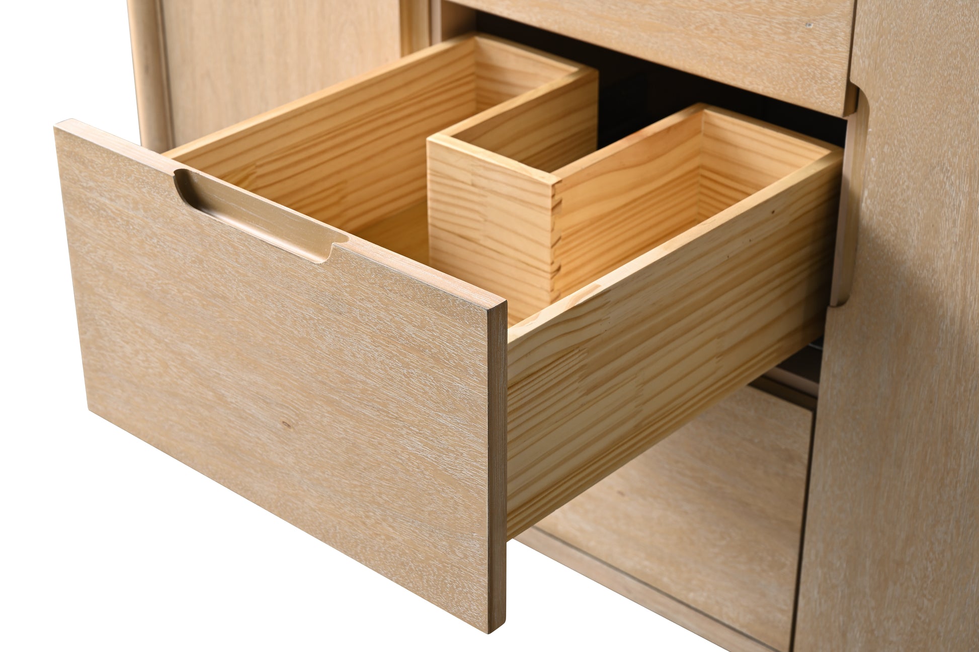 Close-up of middle drawer open on oak vanity with removable wooden divider organizer insert