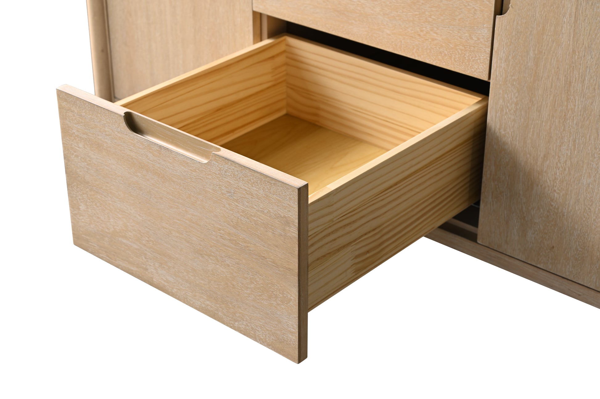 Close-up of bottom open drawer on light oak bathroom vanity showing solid wood box construction