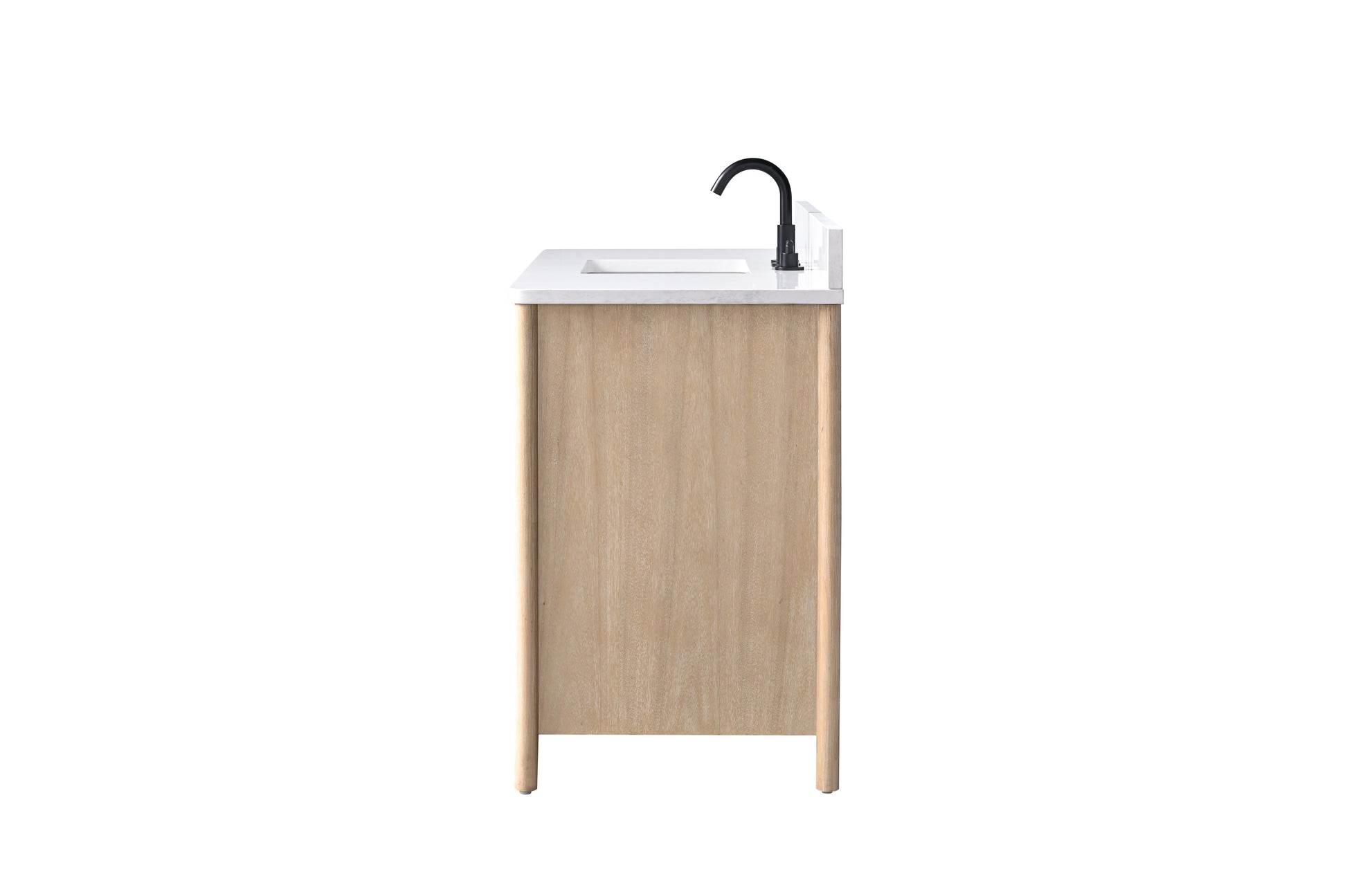 Side profile view of 48-inch light oak bathroom vanity with white stone top, undermount sink, and matte black faucet