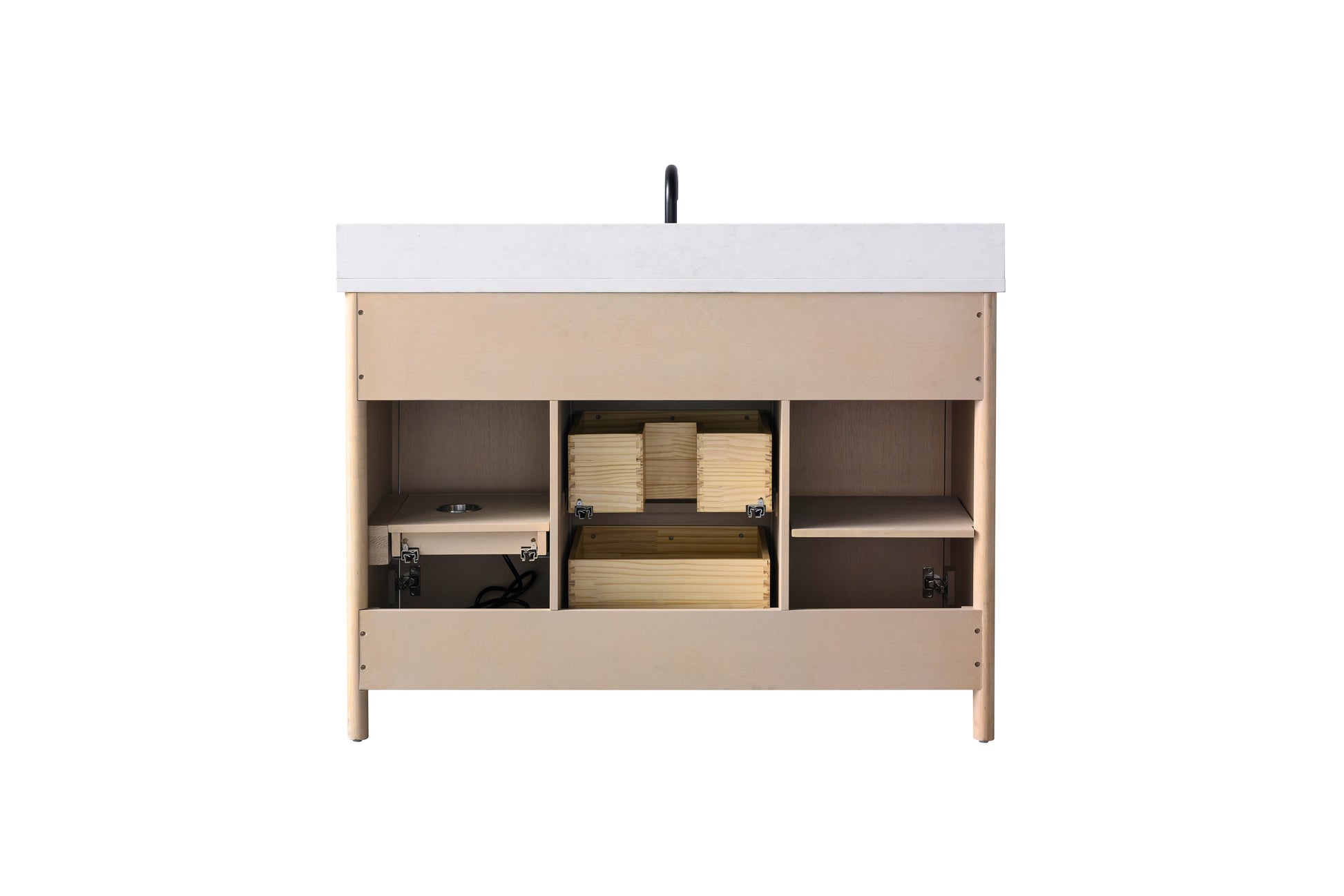 Rear interior view of 48-inch oak vanity with both doors open showing drawer stack and open side shelves