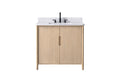 Front view of 36-inch light oak double-door bathroom vanity with white Carrara stone top and matte black faucet