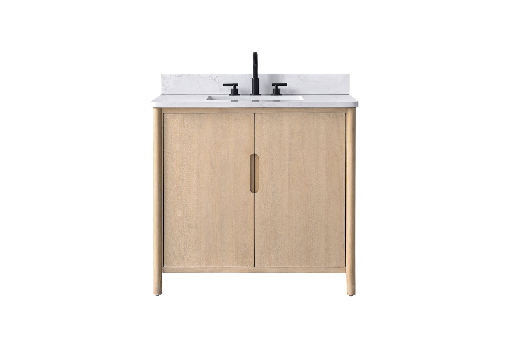 Front view of 36-inch light oak double-door bathroom vanity with white Carrara stone top and matte black faucet