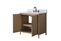 36-inch light oak bathroom vanity with left door open showing adjustable interior shelf and pull-out tray