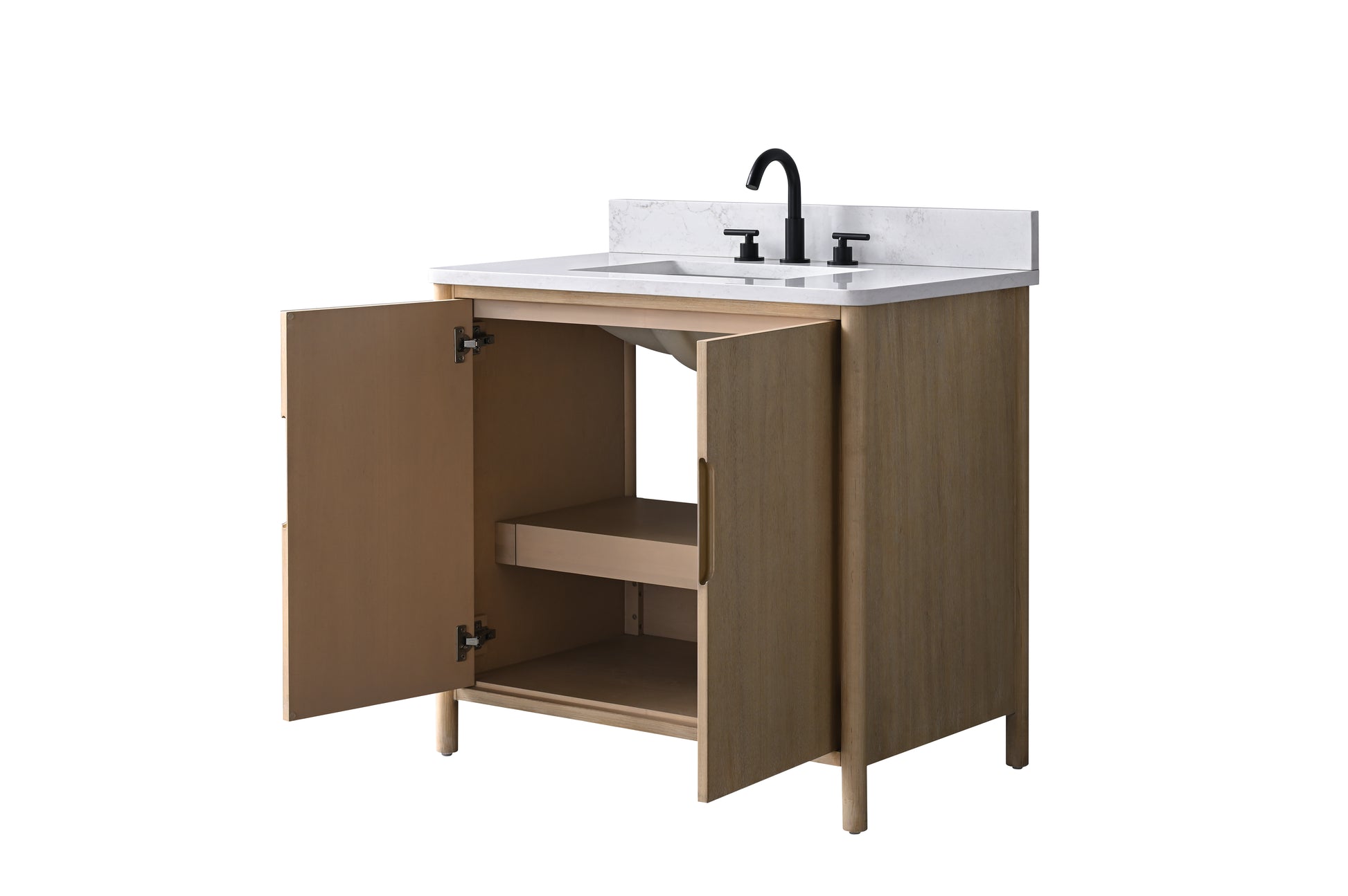 36-inch light oak bathroom vanity with left door open showing adjustable interior shelf and pull-out tray
