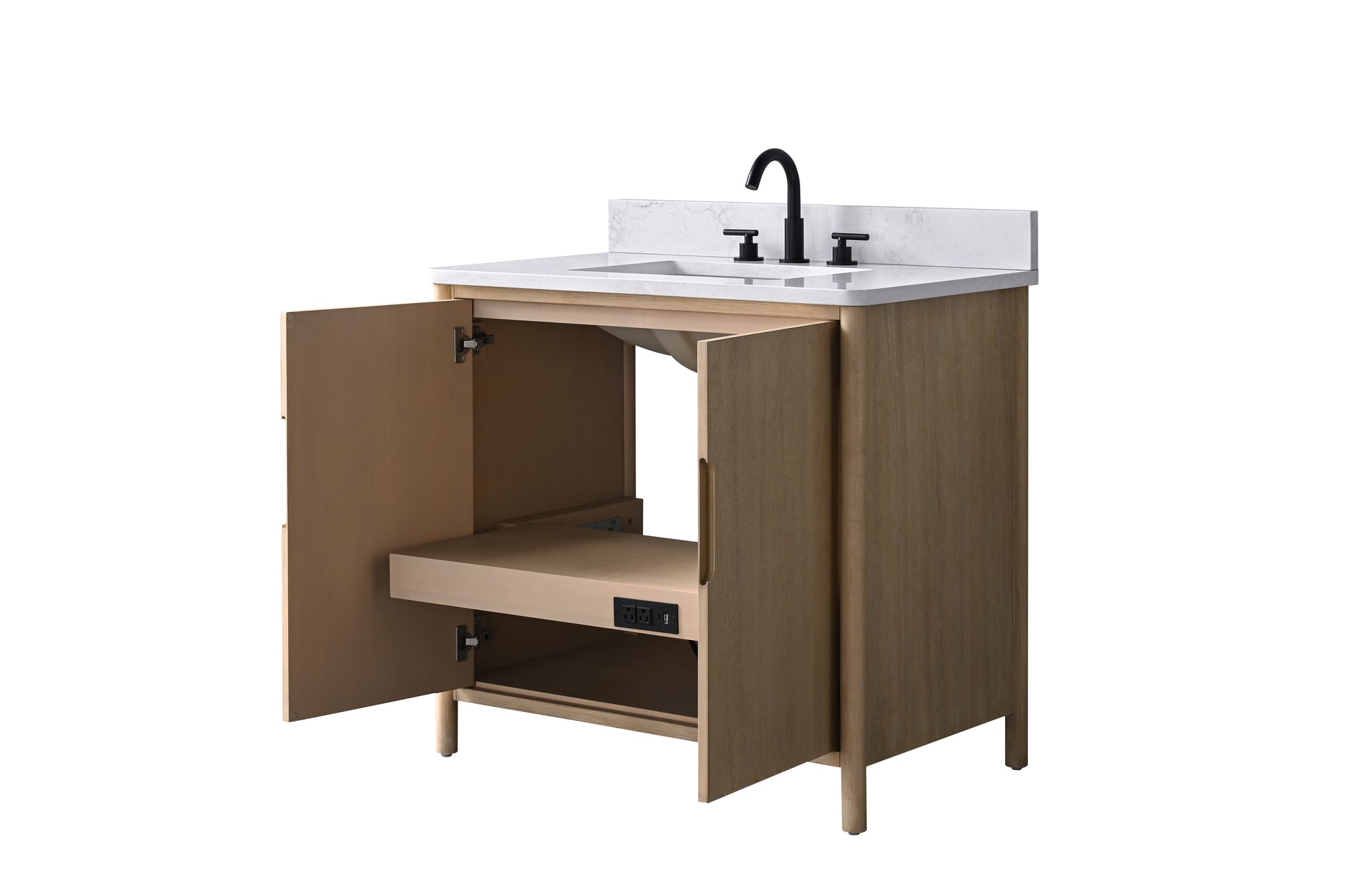 36-inch light oak bathroom vanity with left door open and pull-out storage shelf extended, white stone top