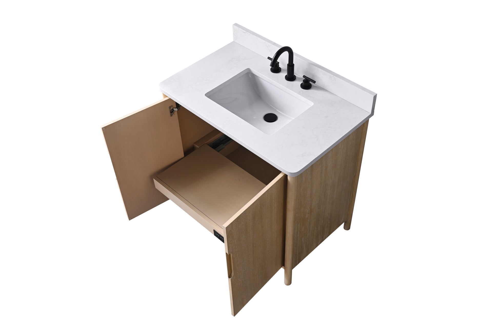 Overhead angled view of 36-inch light oak vanity with left door open and pull-out drawer extended, white stone top