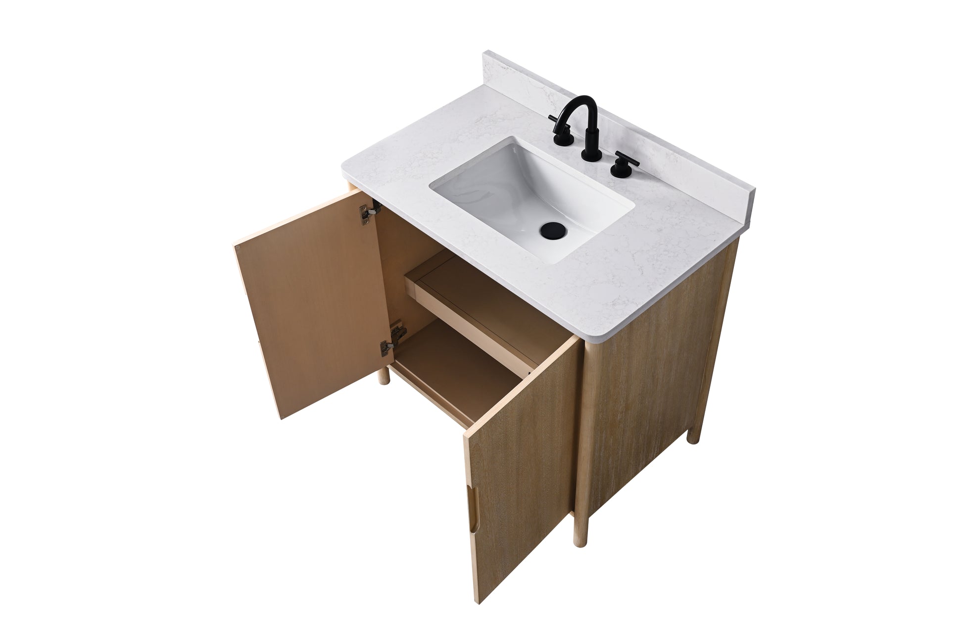 Overhead view of 36-inch light oak bathroom vanity with both doors open and pull-out shelf extended, white stone top