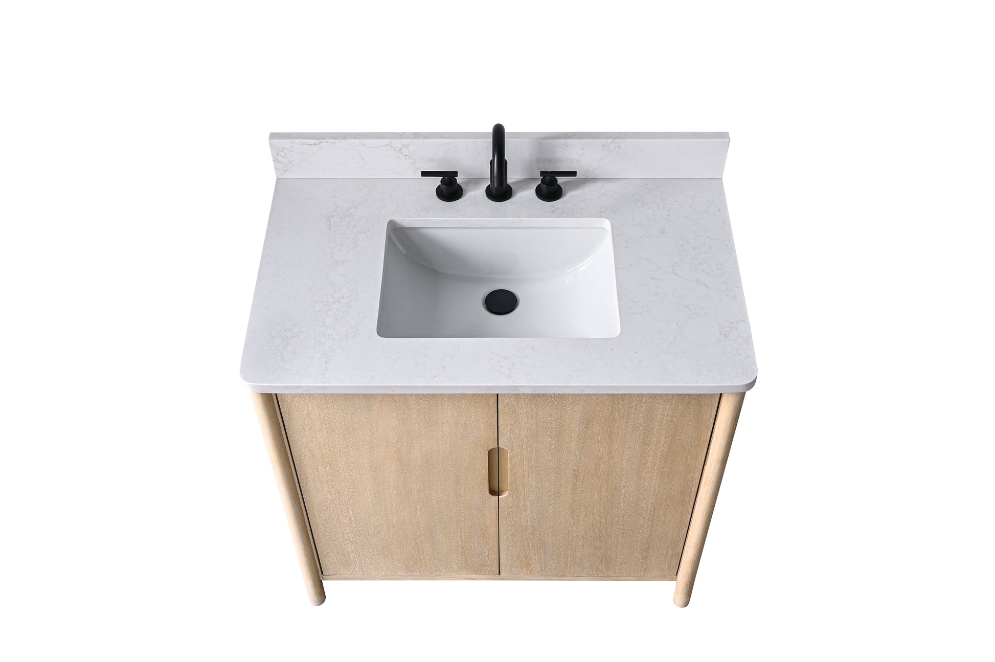 Top-down view of 36-inch light oak vanity showing white Carrara stone countertop with undermount sink and black faucet