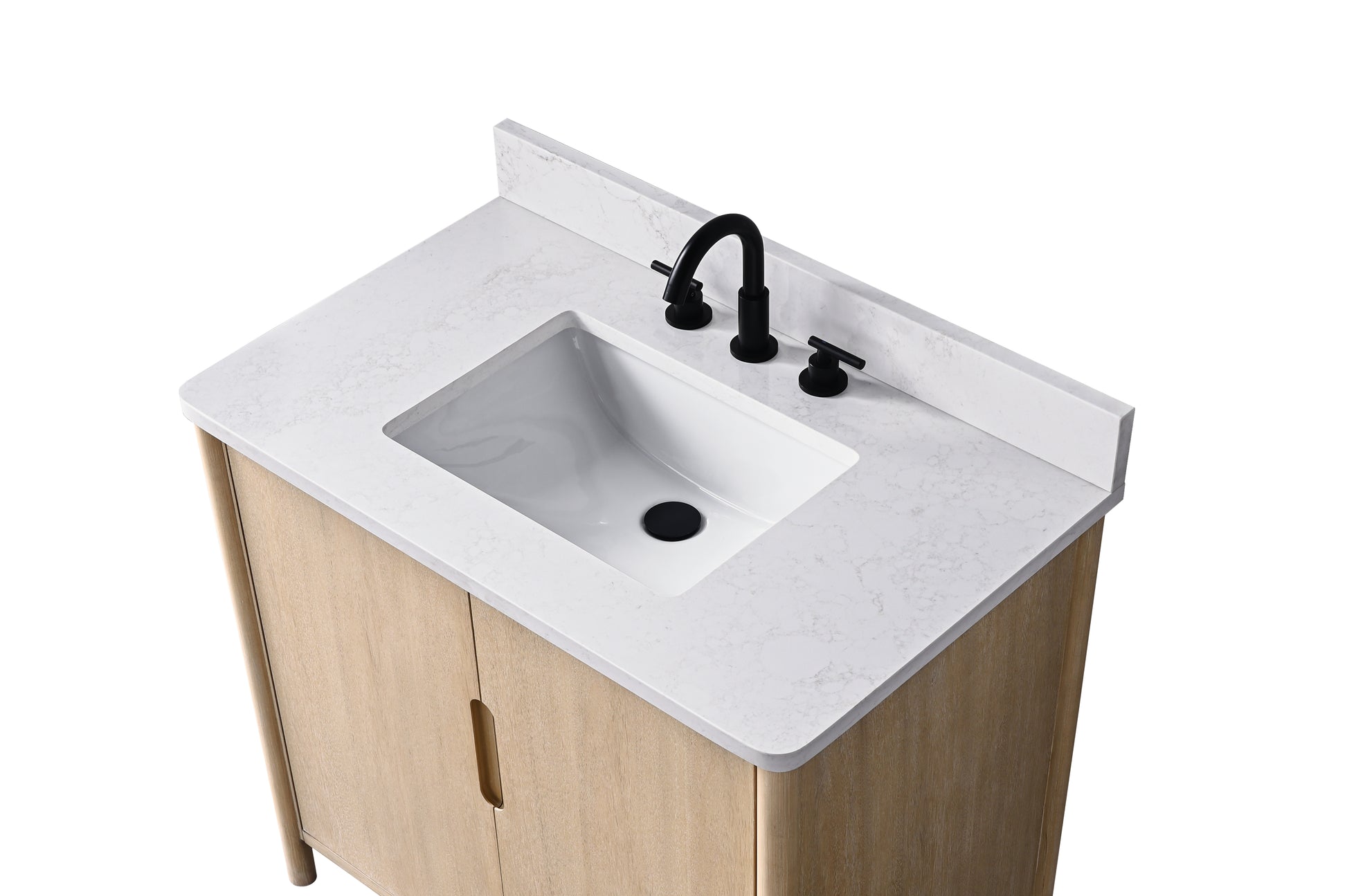 Close overhead view of white Carrara stone vanity top with undermount rectangular sink and three-hole matte black faucet