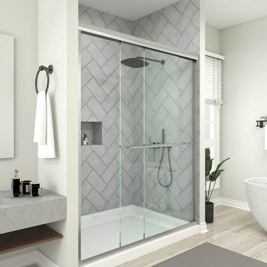 Framed Bypass Sliding Shower Door in Brushed Nickel with Explosion Proof Clear Glass VARAE