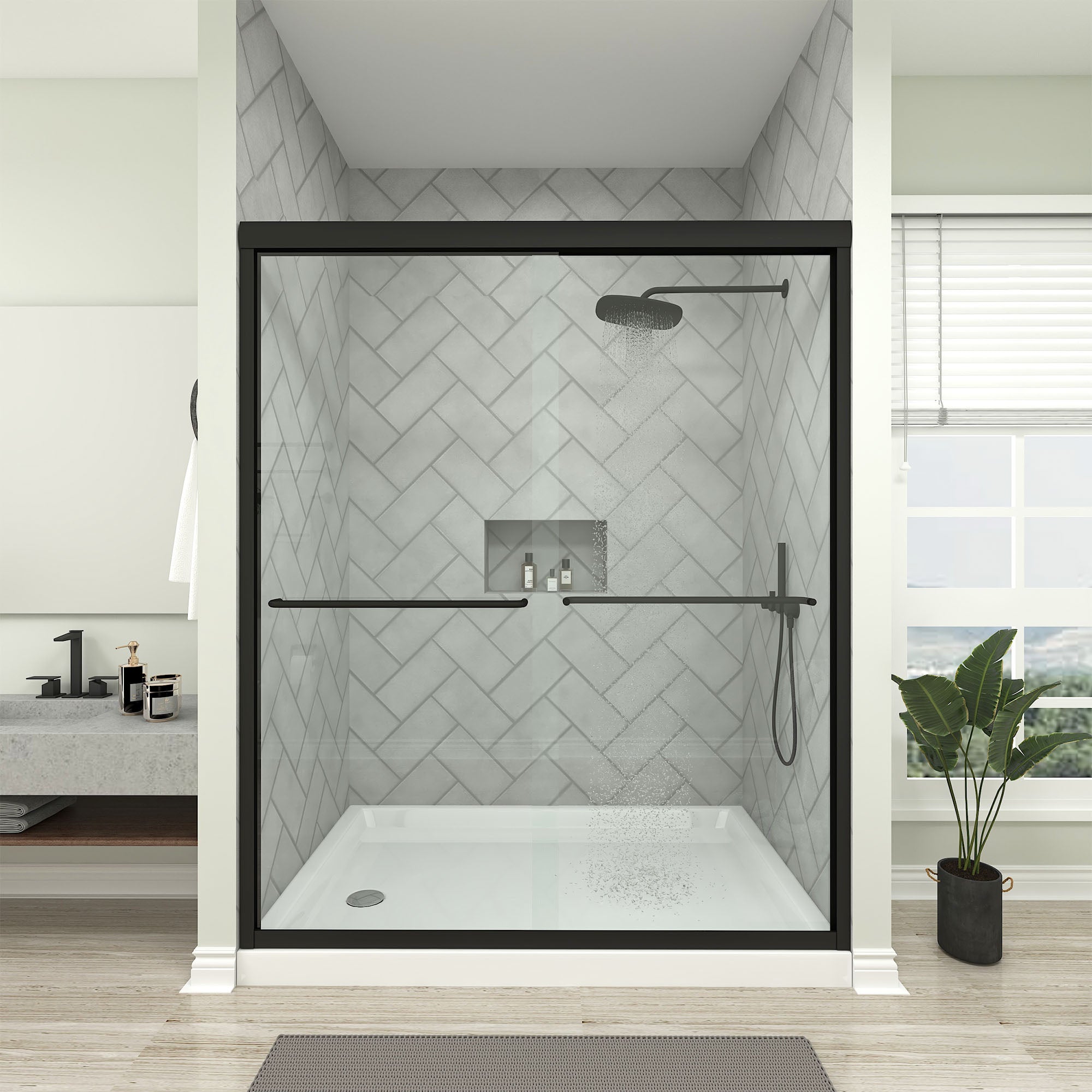 Framed Bypass Sliding Shower Door in Brushed Nickel with Explosion Pro -  Vanityart, image size:2000x2000